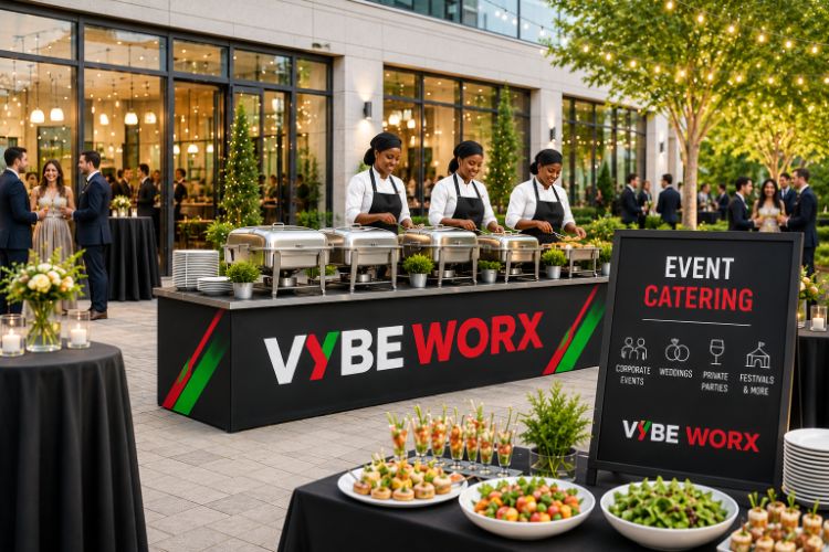 Vybe Worx event catering staff serving at an outdoor function
